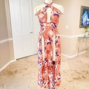 Dotted Floral Halter Swim Cover-Up